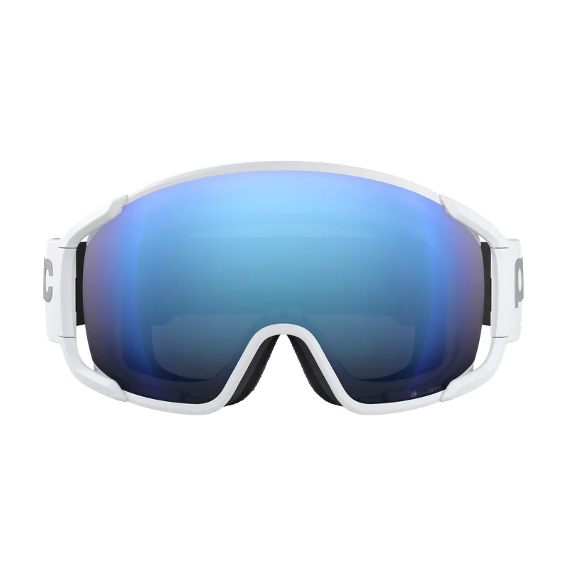 Front view of white ski goggles with large blue mirrored lens and black padding.