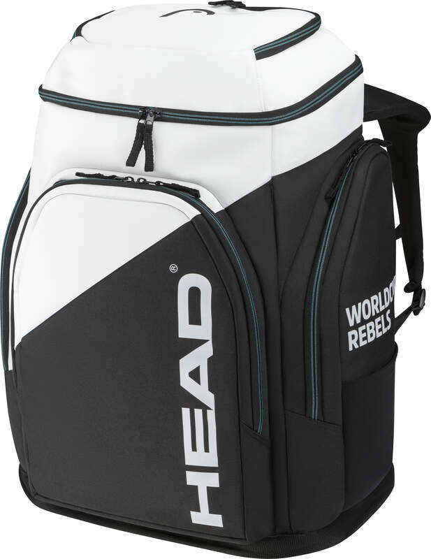Head Rebels Racing Backpack L: Schwarz-weißer Rucksack mit Reißverschlüssen und "Head"-Logo.