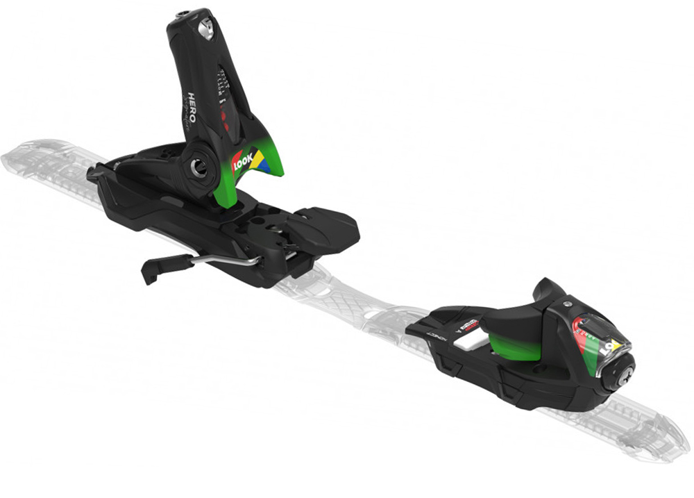 Schwarze Look SPX 12 Konect GW Hero Green Ski Bindung mit grünen, gelben und blauen Details auf einer transparenten Platte.