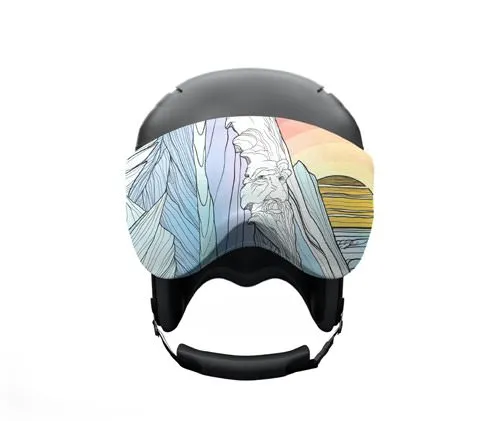 Helmet with visor protection: mountain motif with face and sun. Ski goggles are protected with the Visorsoc.