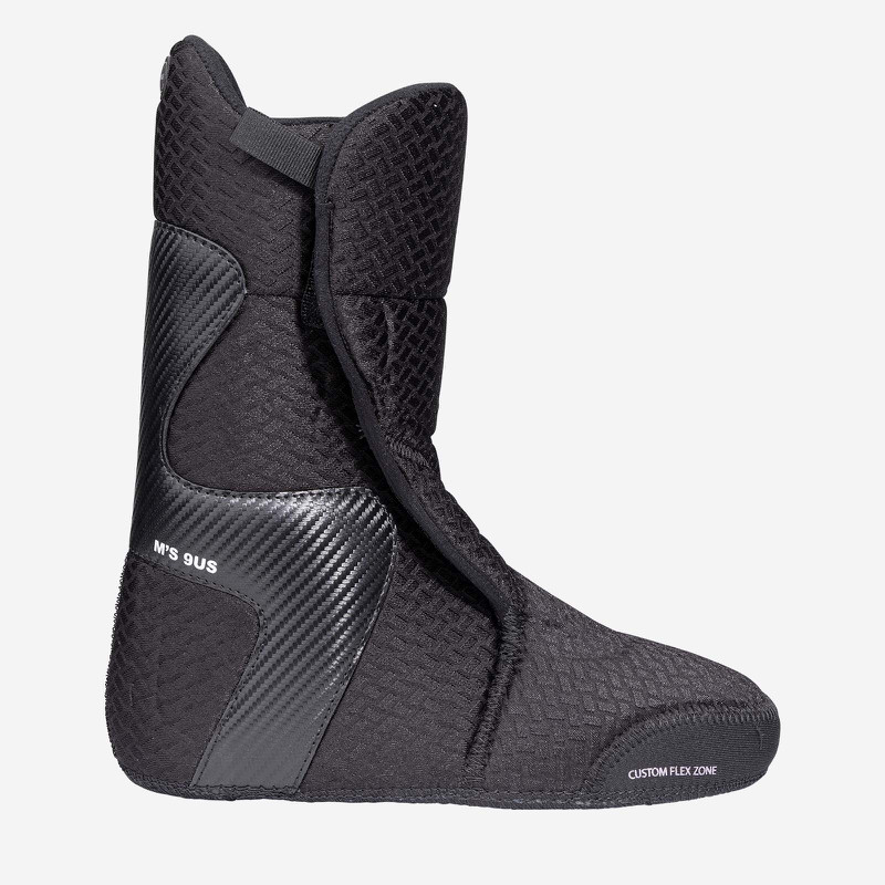 Nidecker Index Innenschuh Detailansicht des Innenschuhs vom Nidecker Index Black Snowboardboots, mit sichtbarer 'Custom Flex Zone' und 'M's 9US' Markierung.