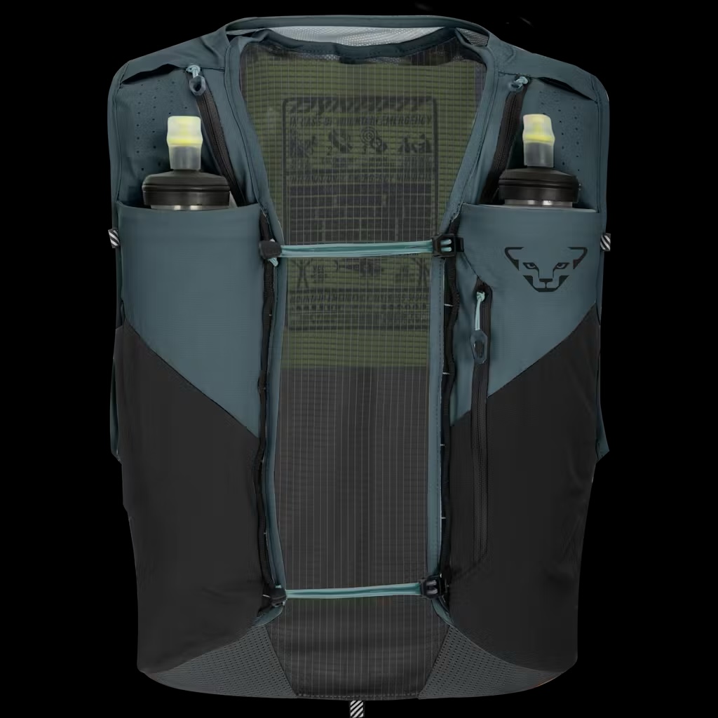 Ärmellose Laufweste in Blau und Schwarz mit zwei Wasserflaschen in vorderen Taschen.