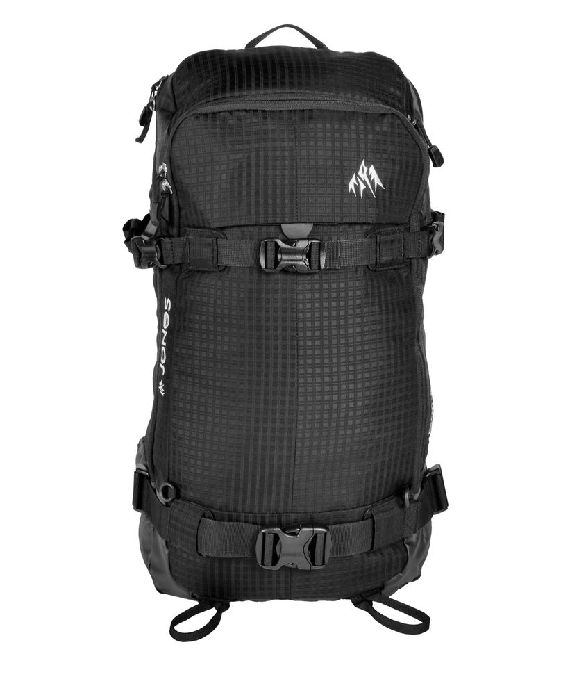 Schwarzer Rucksack mit Logo Schwarzer Jones DSCNT RAS Rucksack mit mehreren Gurten und Schnallen von vorne, Logo oben.