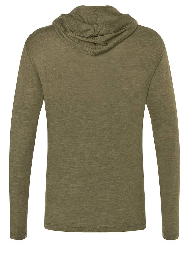 Rückansicht eines olivgrünen, melierten Sommer-Hoodies mit Kapuze und langen Ärmeln.