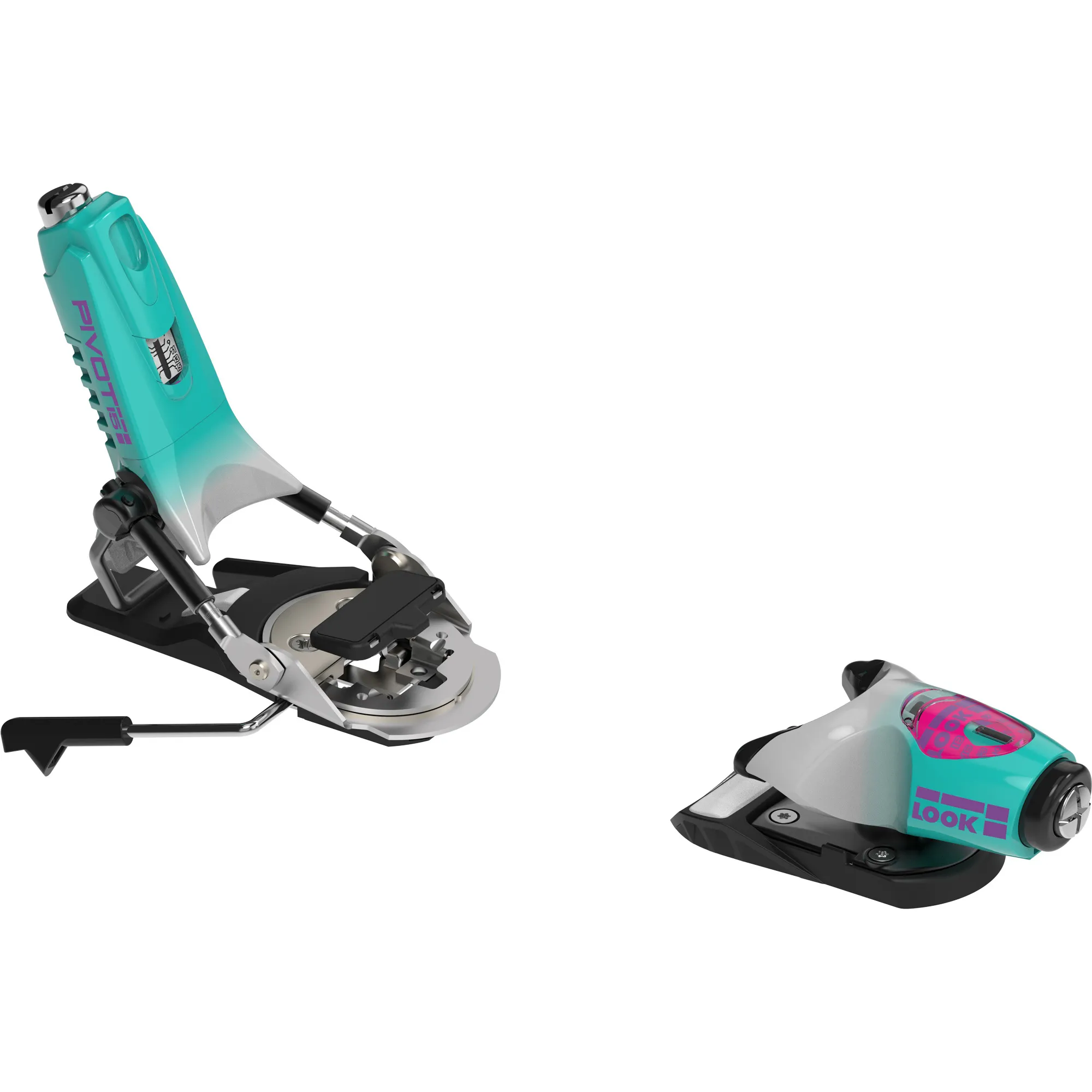 Attacco da sci Look Pivot 15 GW, parte anteriore e tallone con accenti color rosa turchese su una piastra di montaggio nera.