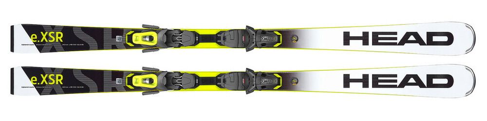 Draufsicht des Ski Head WC Rebels e.XSR, mit gelber Bindung. Schwarz-weißes Design mit "HEAD"-Logo.