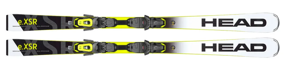 Top view of the Head Ski WC Rebels e.XSR, with yellow binding. Black and white design with "HEAD" logo.