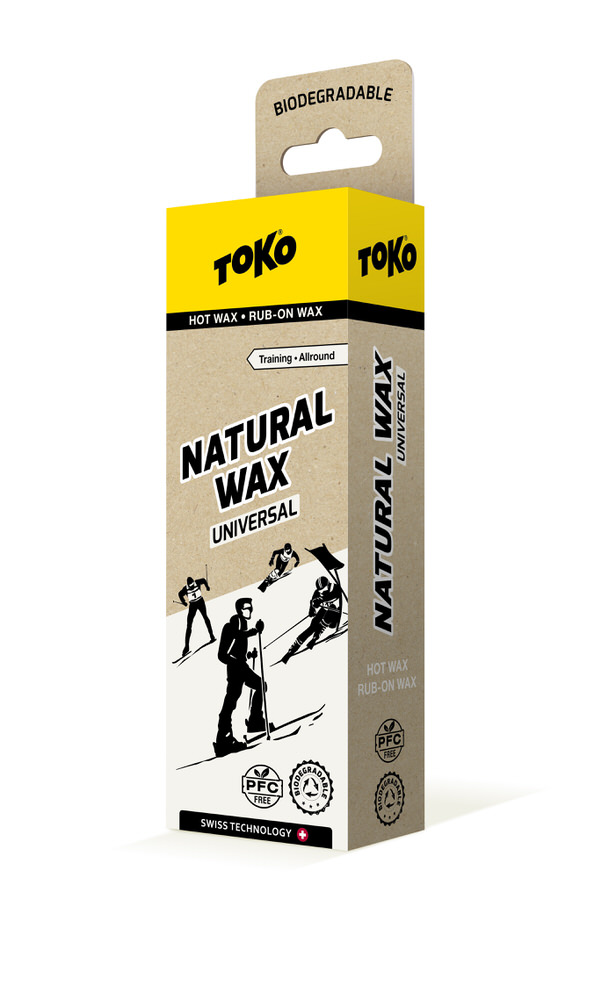 Verpackung Toko Natural Wax Universal 120g mit stilisierter Skiszene. Aufdruck: Hot Wax und Rub-On Wax, biologisch abbaubar.