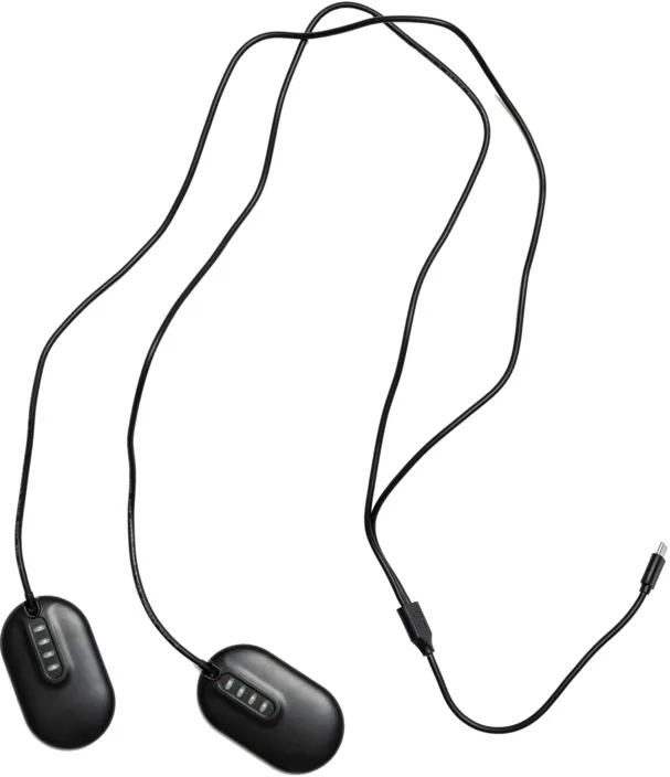 Two black, heatable soles with cable and USB plug on a white background.