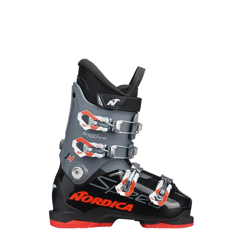 Nordica Speedmachine J 4 ski boot, side view. Black, gray, with four buckles and red accents.