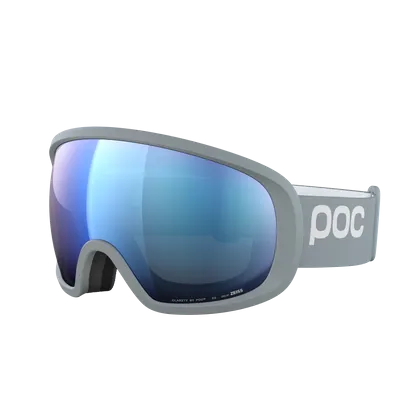 Grey ski goggles with bluish, mirrored lens and white POC logo on the strap.