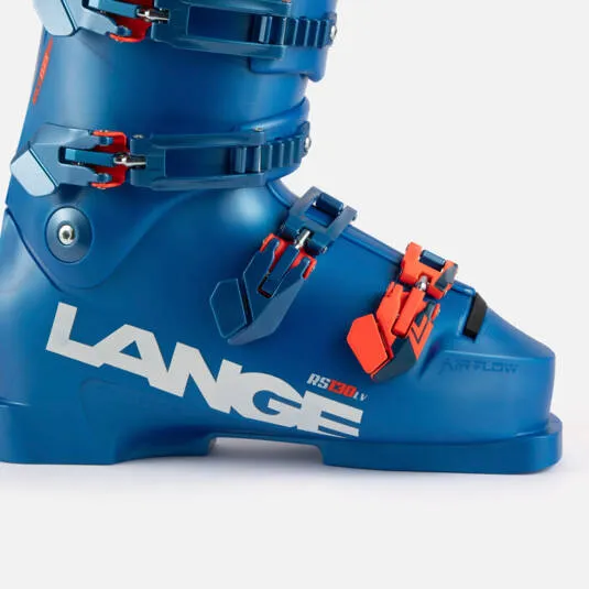 Blauer Lange RS 130 LV Skischuh, seitliche Ansicht, mit Schnallen und weißem Logo.