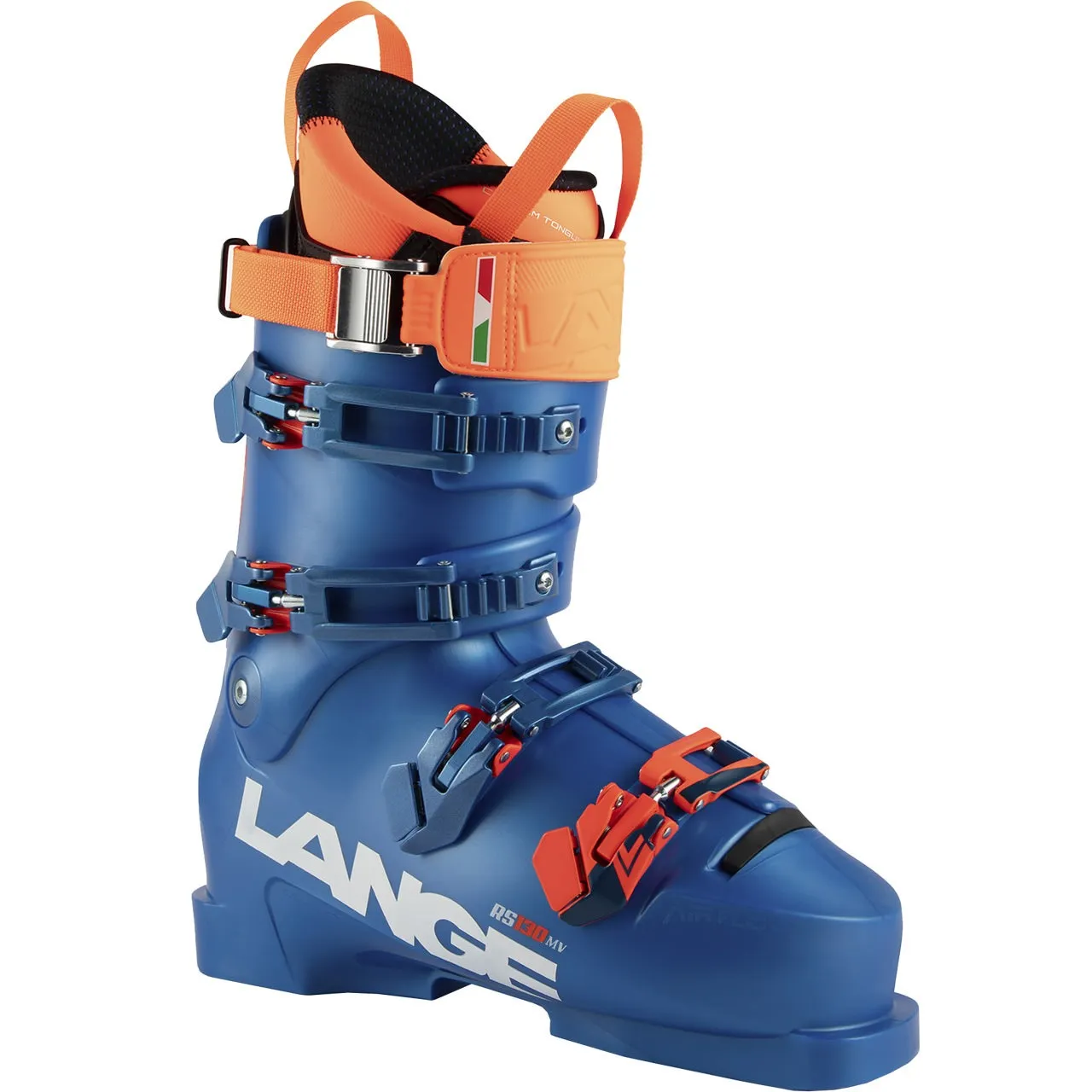 Scarpone da sci Lange RS 130 LV blu con fibbie e cinturini arancioni.