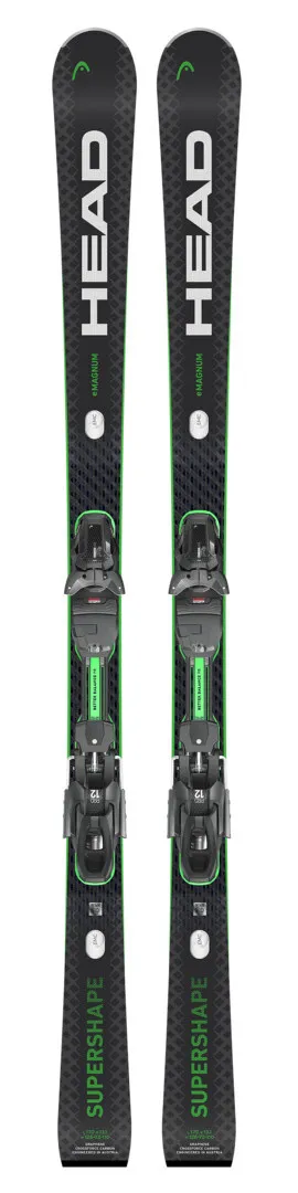 Top view of two skis "Head Supershape e-Magnum" with mounted bindings. Black and green pattern with white lettering.