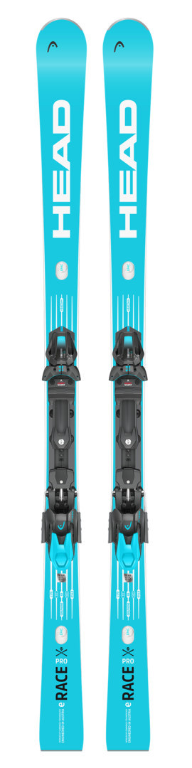 Blau-weiße Head WC Rebels e-Race Pro Ski mit montierter Freeflex 14 GW Bindung von vorne.
