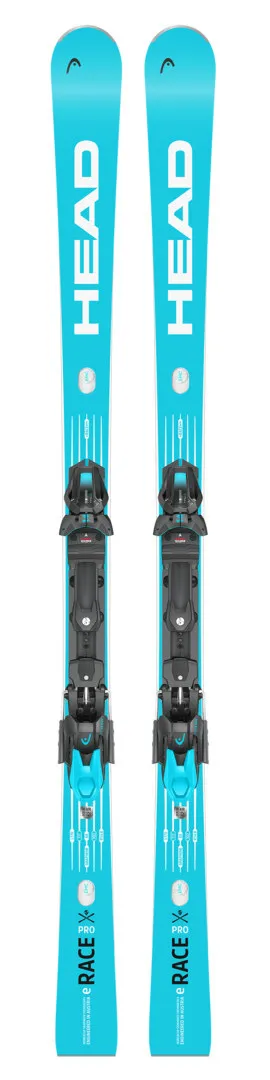 Blau-weiße Head WC Rebels e-Race Pro Ski mit montierter Freeflex 14 GW Bindung von vorne.