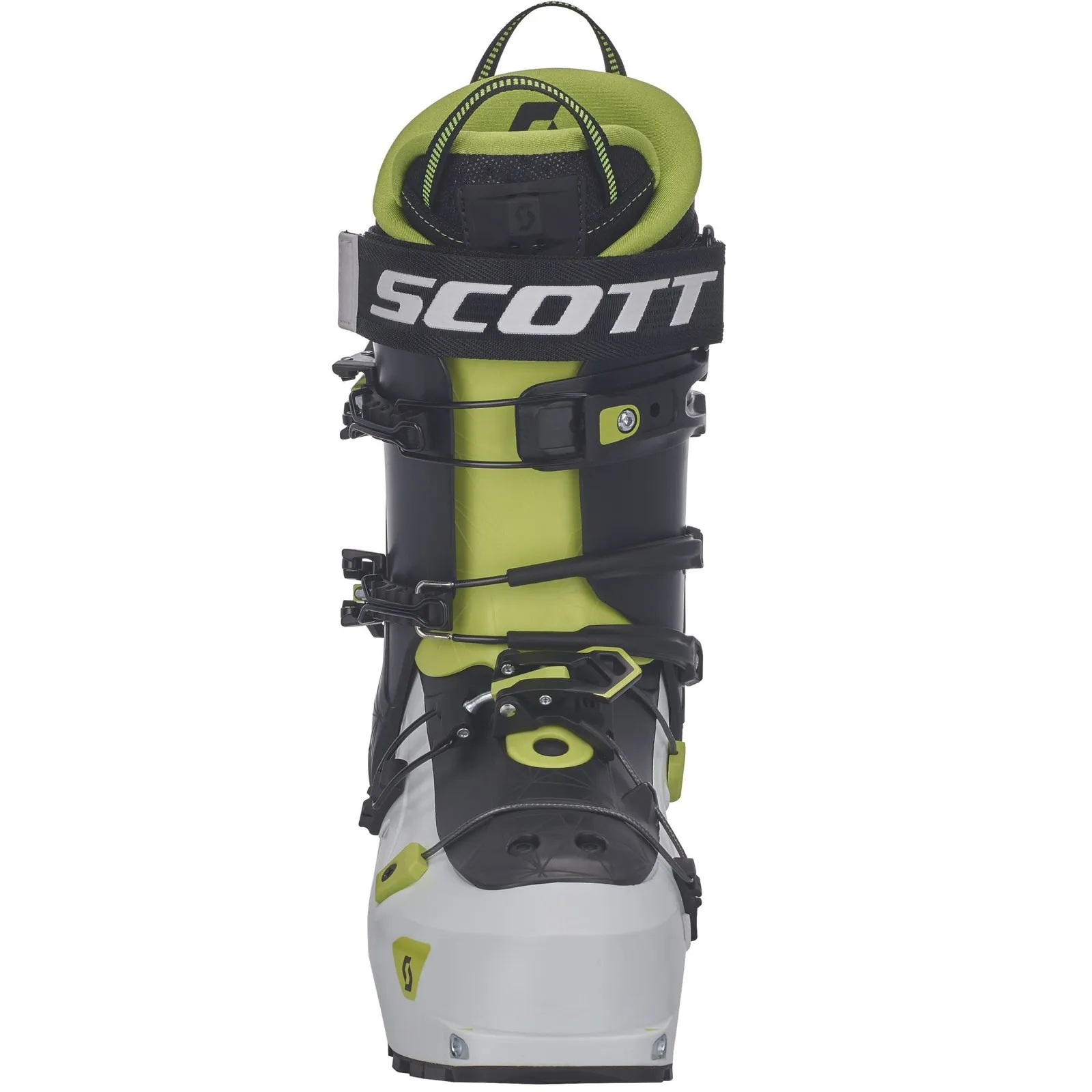 Vorderansicht des Tourenskischuhs Scott Cosmos Tour in Weiß, Schwarz und Grün mit Schnallen und Gurt mit dem Scott-Logo.