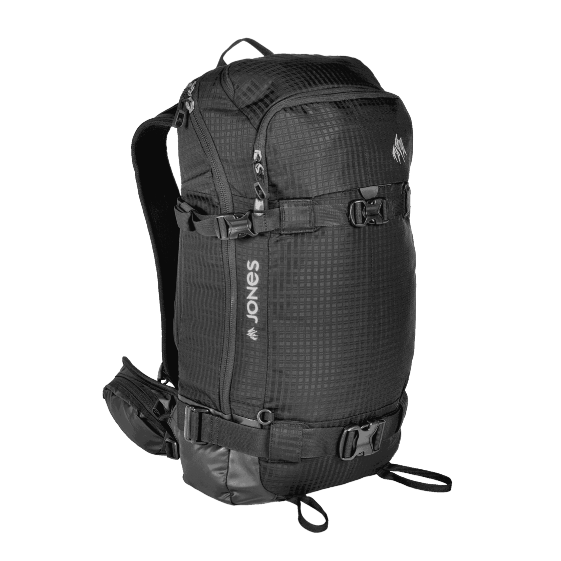 Schwarzer Jones DSCNT 32L Rucksack, seitliche Ansicht, mit Riemen und Taschen, für Outdoor-Aktivitäten.