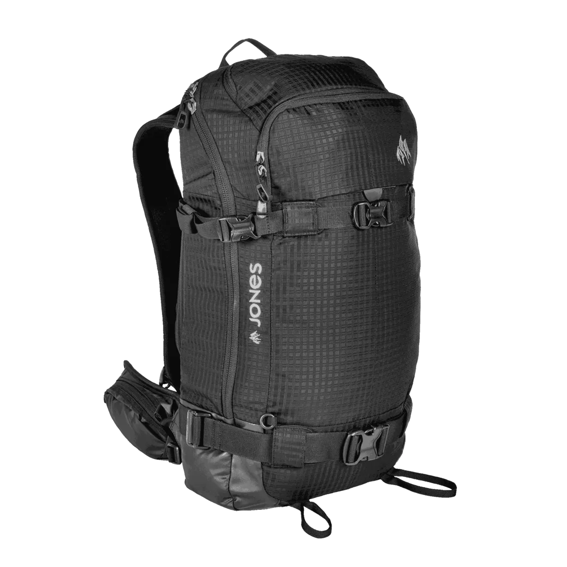Schwarzer Jones DSCNT 32L Rucksack, seitliche Ansicht, mit Riemen und Taschen, für Outdoor-Aktivitäten.