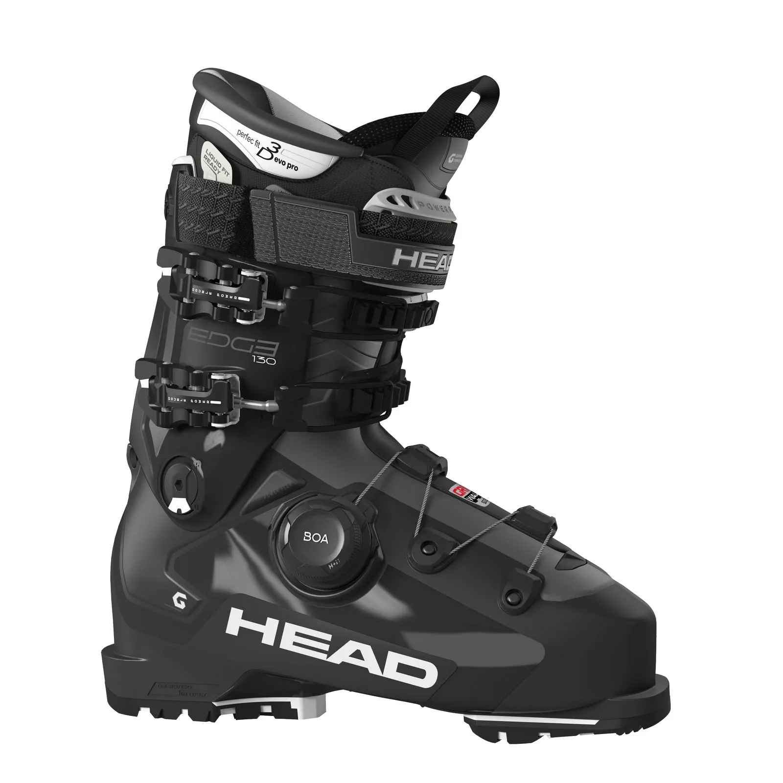 Scarpone da sci Head EDGE 130 HV GW BOA nero con accenti bianchi, vista laterale. Il sistema BOA Fit System è chiaramente visibile.