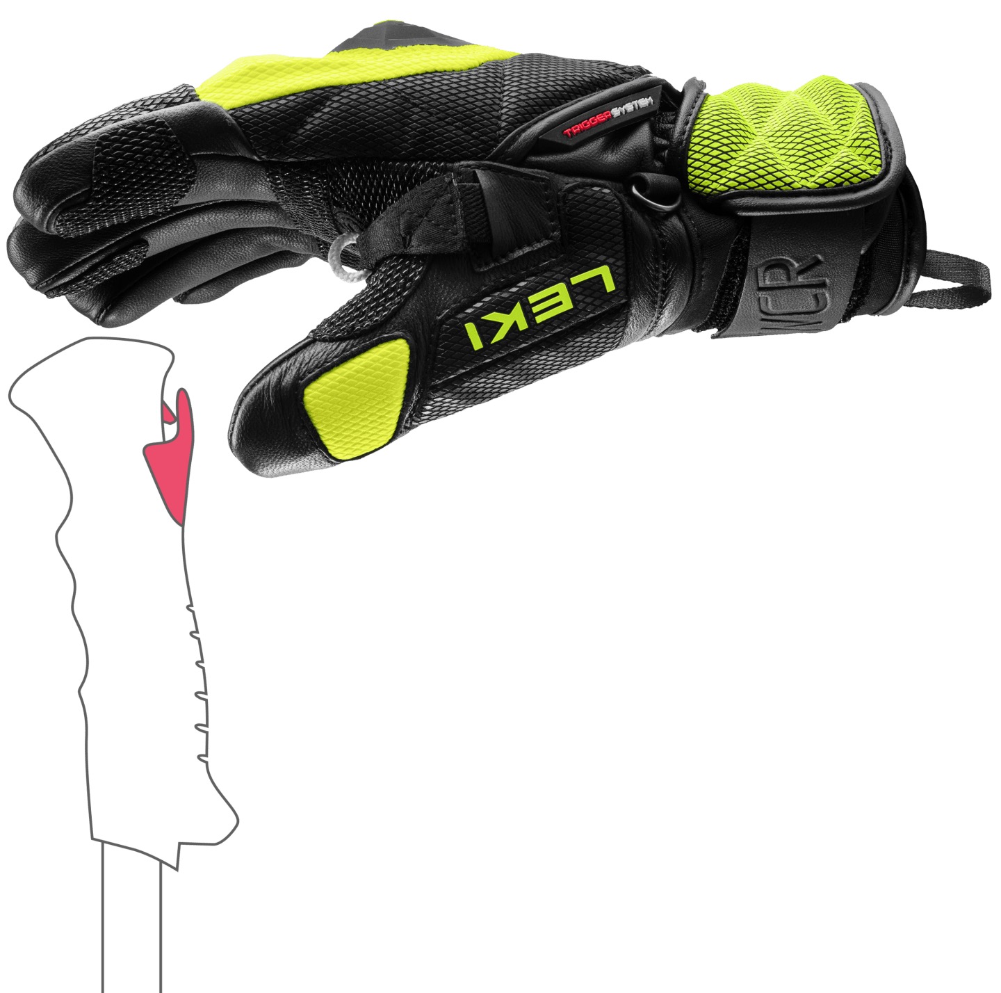 Schwarzer Leki WCR Venom SL 3D Mitt mit gelben Akzenten und abgebildeter Skistock-Kontur.