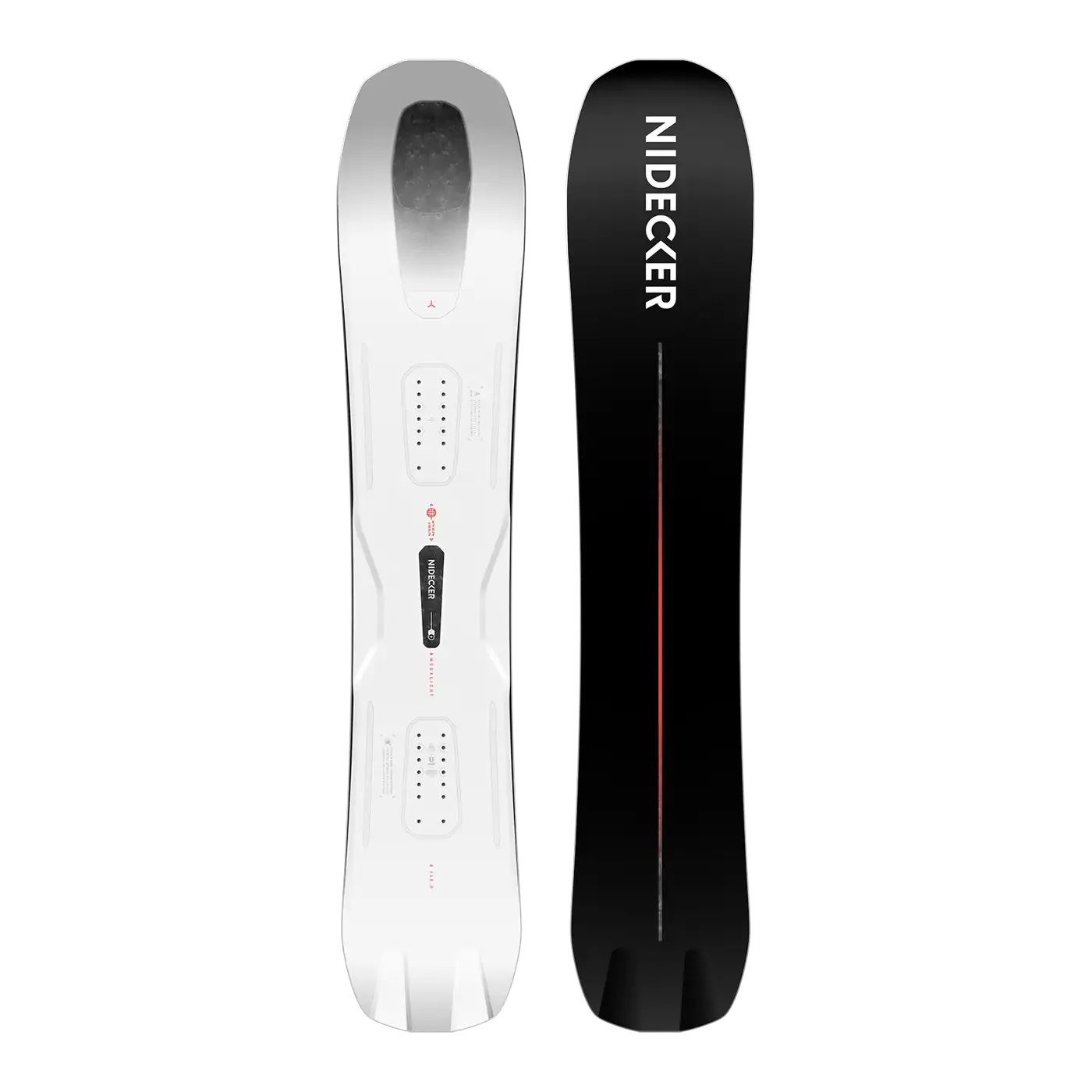 Zwei Snowboards: Eines weiß mit Montagemöglichkeiten, das andere schwarz mit Nidecker-Logo und rotem Streifen.