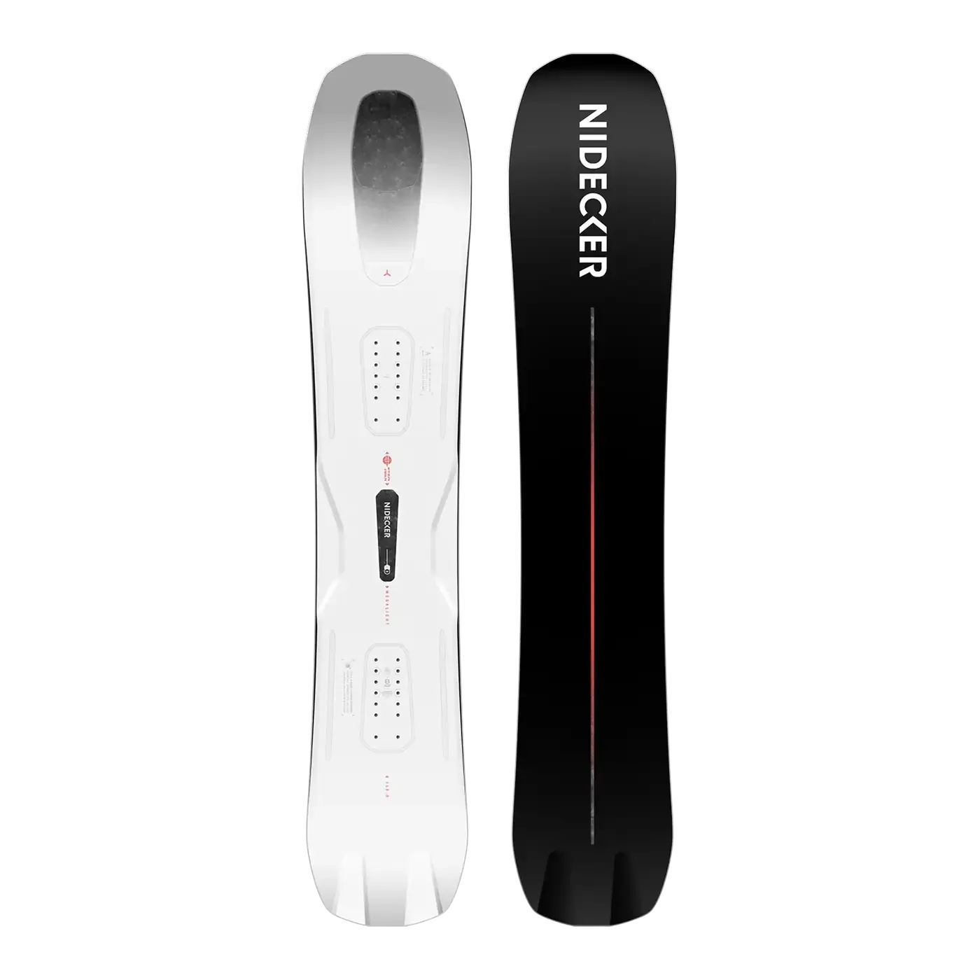 Zwei Snowboards: Eines weiß mit Montagemöglichkeiten, das andere schwarz mit Nidecker-Logo und rotem Streifen.