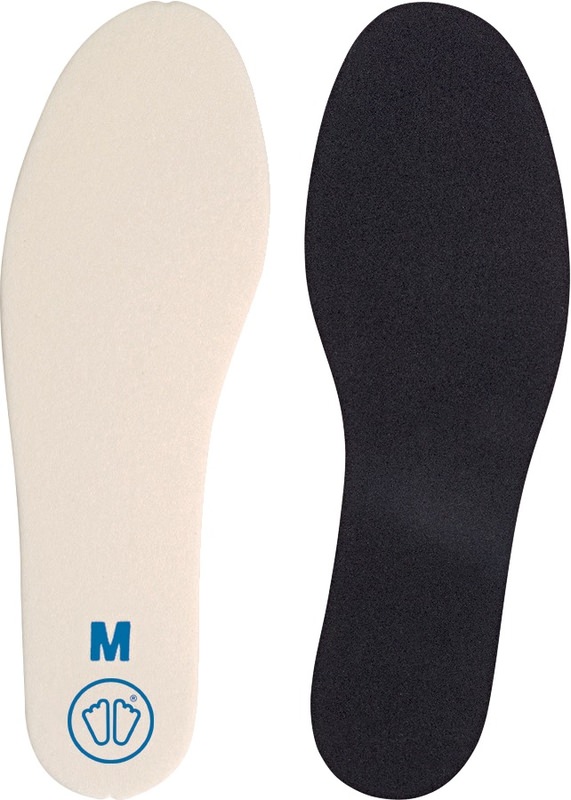 Paar Volume Reducer Einlegesohlen, eine beige mit "M" und Fußsymbol, eine schwarze.
