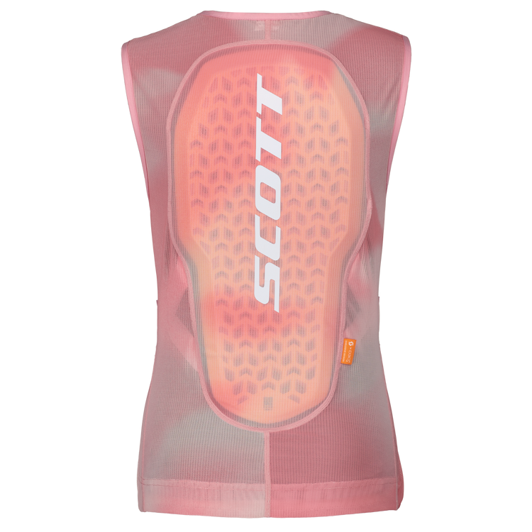Rosa, ärmellose Schutzweste mit großem, orangefarbenem Rückenteil und weißem "SCOTT"-Logo.