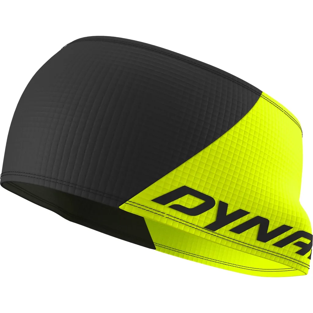 Headband in black and neon yellow with the black lettering "DYNAFIT" on the side. Diamond pattern covers the entire headband.