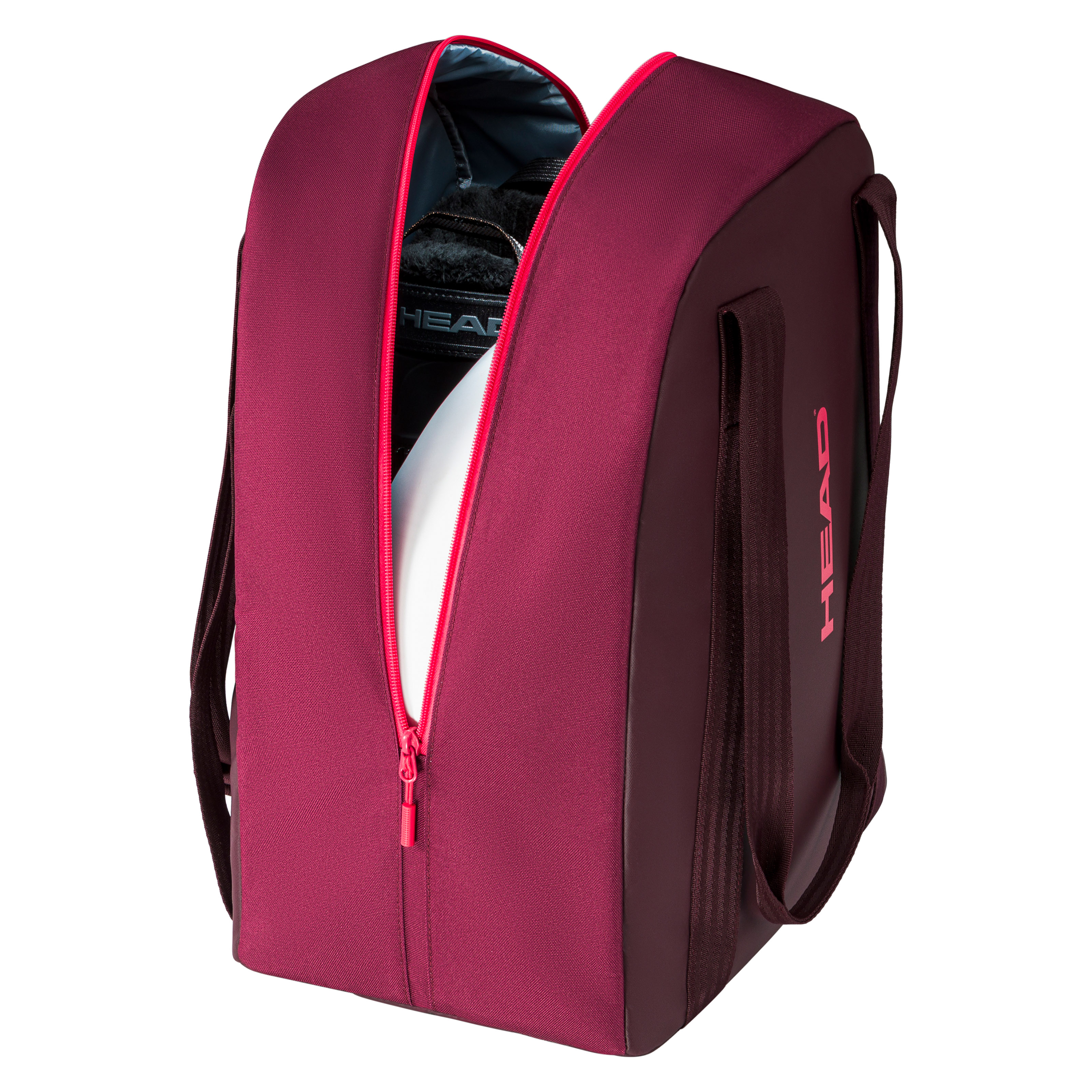 Offene, bordeauxrote Head Women's Bootbag mit pinkem Reissverschluss und „Head“-Schriftzug.