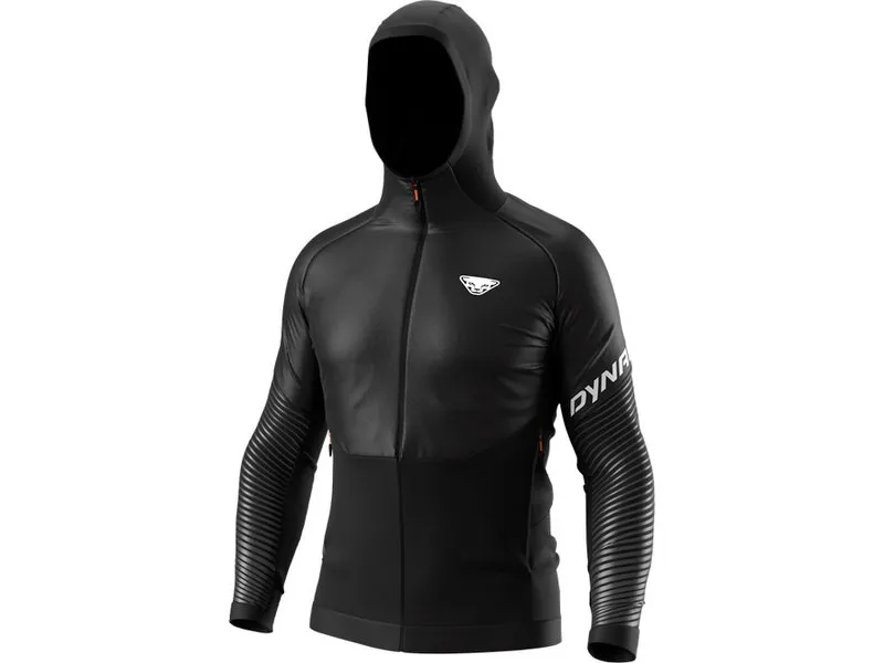 Giacca da running nera Dynafit Reflective da uomo con cappuccio, elementi riflettenti sul braccio e logo sul petto.