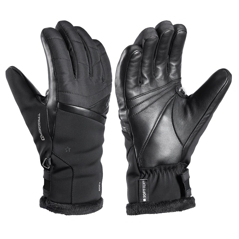 Zwei schwarze Leki Snowfox 3D Lady Handschuhe, einer mit Innenhand, einer mit Aussenhand.