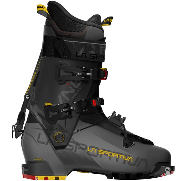 La Sportiva Vanguard Carbon/Yellow ski touring boot, side view. Gray-black with yellow accents and La Sportiva lettering.