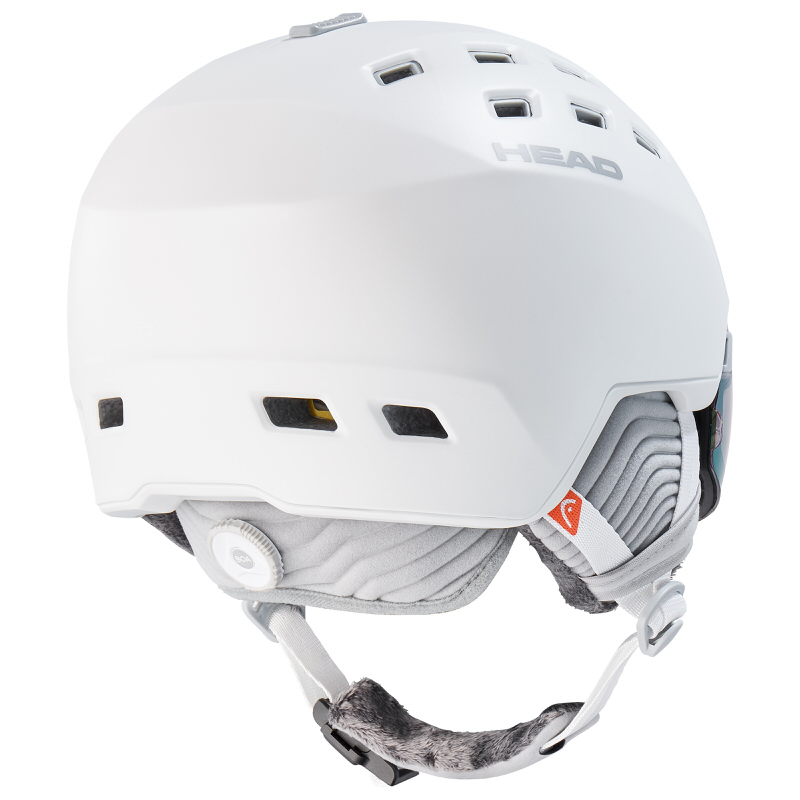 Weißer Skihelm Head Rachel 5K Photo Mips von hinten, mit Belüftungslöchern und integriertem Visier.