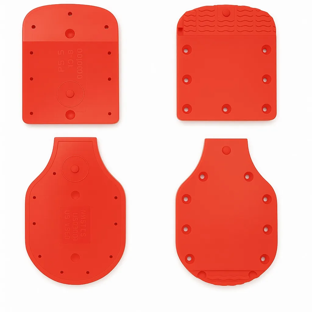 Four red, molded plastic plates with holes, two rectangular, two bulbous, on a white background.