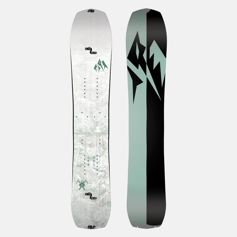 Splitboard Jones Womens Solution, Oberseite mit Bergmotiv, Unterseite mintgrün mit Logo.