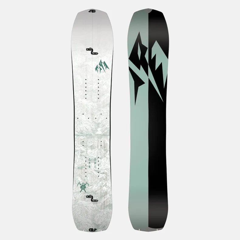 Splitboard Jones Womens Solution, top side with mountain motif, bottom side mint green with logo.