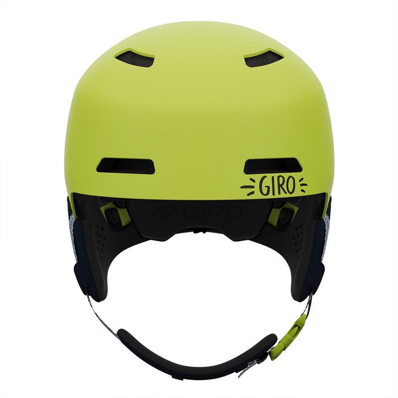 Lime-farbener Giro Crüe Mips Helm von vorn, mit Belüftungslöchern und Kinnriemen.