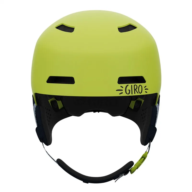 Lime-colored Giro Crüe Mips helmet from the front, with ventilation holes and chin strap.