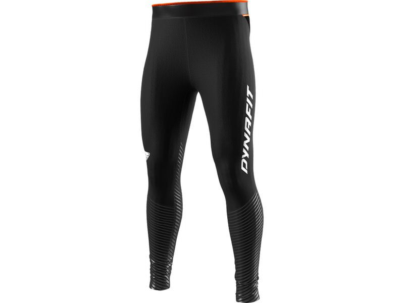 Schwarze Dynafit Reflective Tights für Herren, reflektierende Streifen an den Unterschenkeln, Markenlogo seitlich.