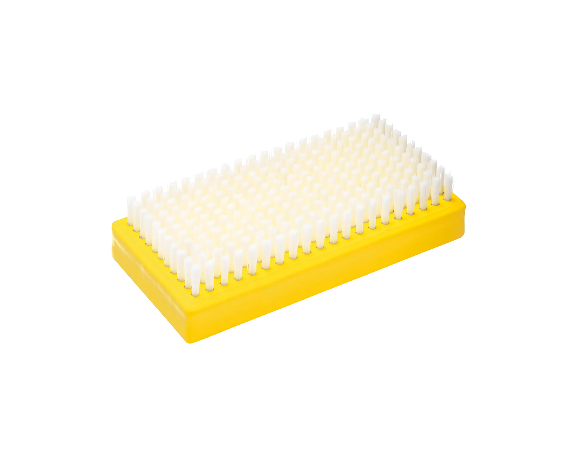 Gelbe Bürste mit rechteckigem Kopf und dichten, weißen Nylonborsten für Ski- und Snowboardwachs.