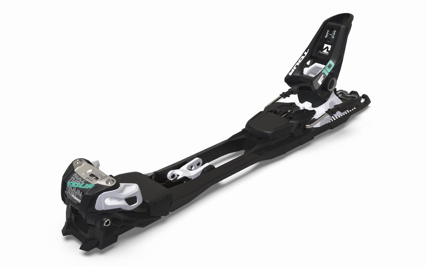 Schwarze Marker F10 Tour Skitourenbindung in diagonaler Ansicht vor weißem Hintergrund.