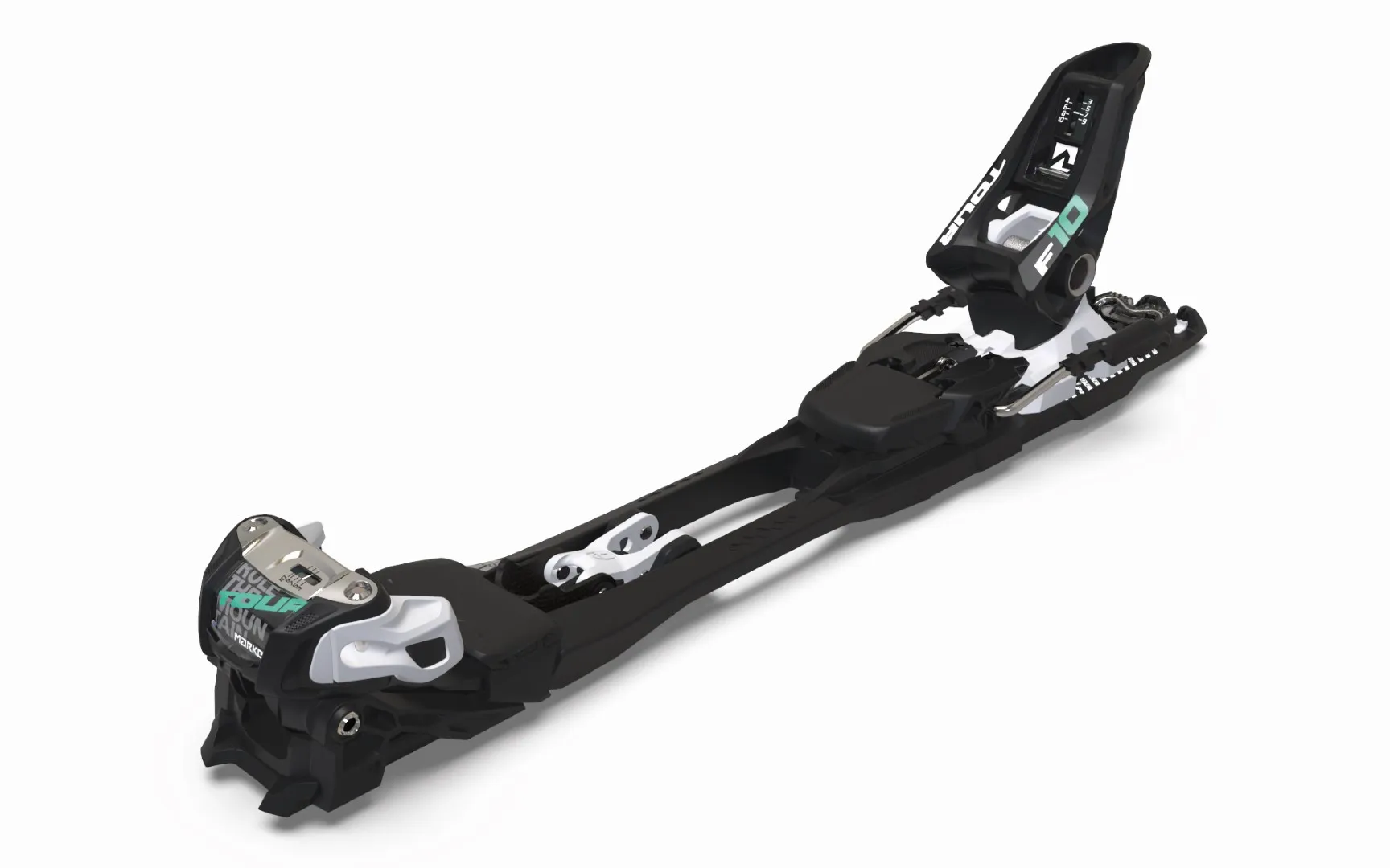 Schwarze Marker F10 Tour Skitourenbindung in diagonaler Ansicht vor weißem Hintergrund.