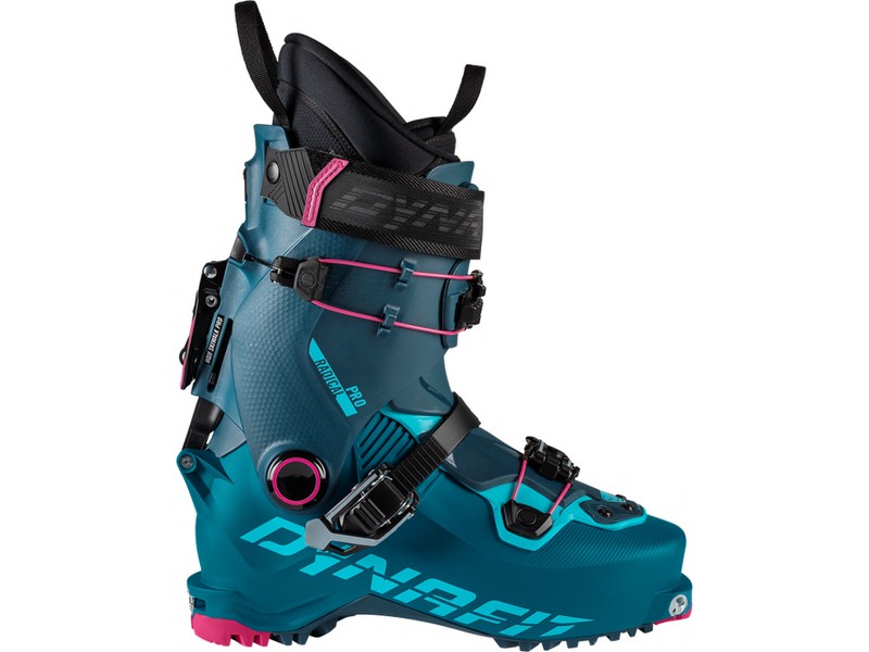 Chaussure de ski de randonnée bleu-turquoise Dynafit Radical Pro W, vue latérale avec détails roses et chausson noir.