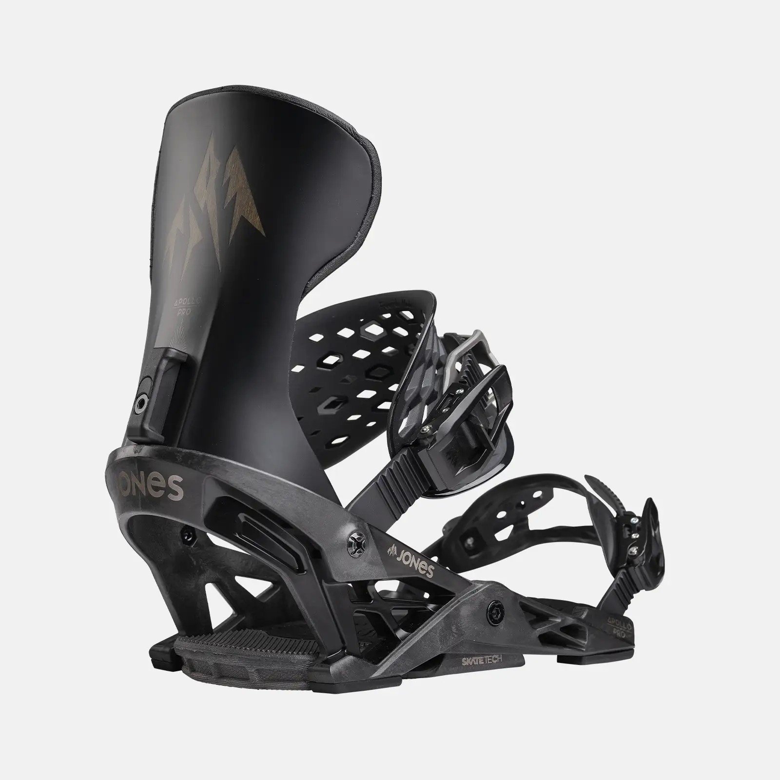 Jones Apollo Pro binding Black Jones Apollo Pro snowboard binding in detail, with high highback and SkateTech technology, side view.