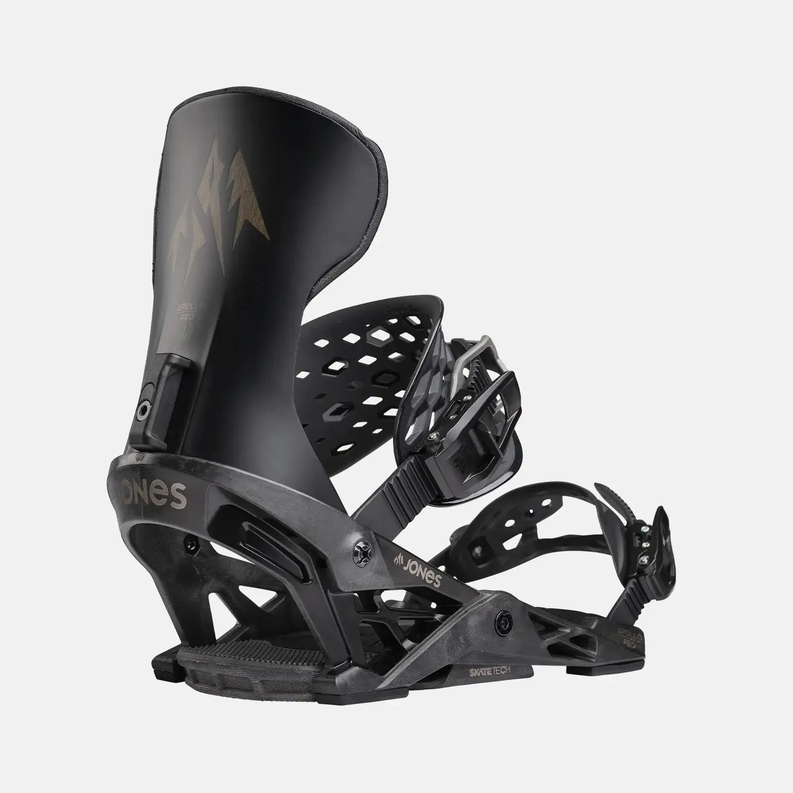 Schwarze Jones Apollo Pro Snowboardbindung im Detail, mit hohem Highback und SkateTech-Technologie, seitliche Ansicht.