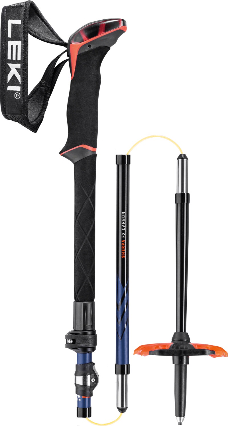 Detailansicht eines Leki Sherpa FX Carbon Skitourenstocks in zerlegtem Zustand mit Griff, Segmenten und Teller.