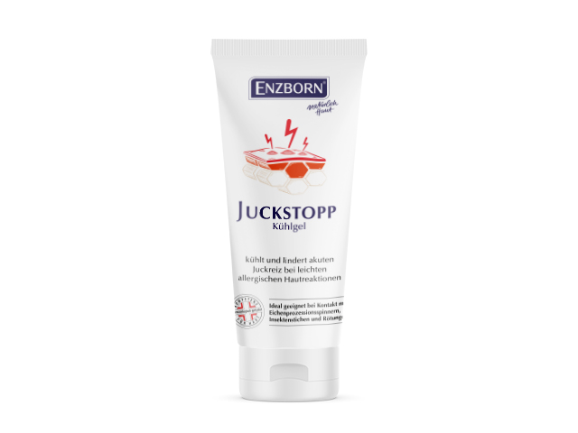Weiße Tube ENZBORN Juckstopp Kühlgel mit rotem Stichsymbol und Produktinformationen.