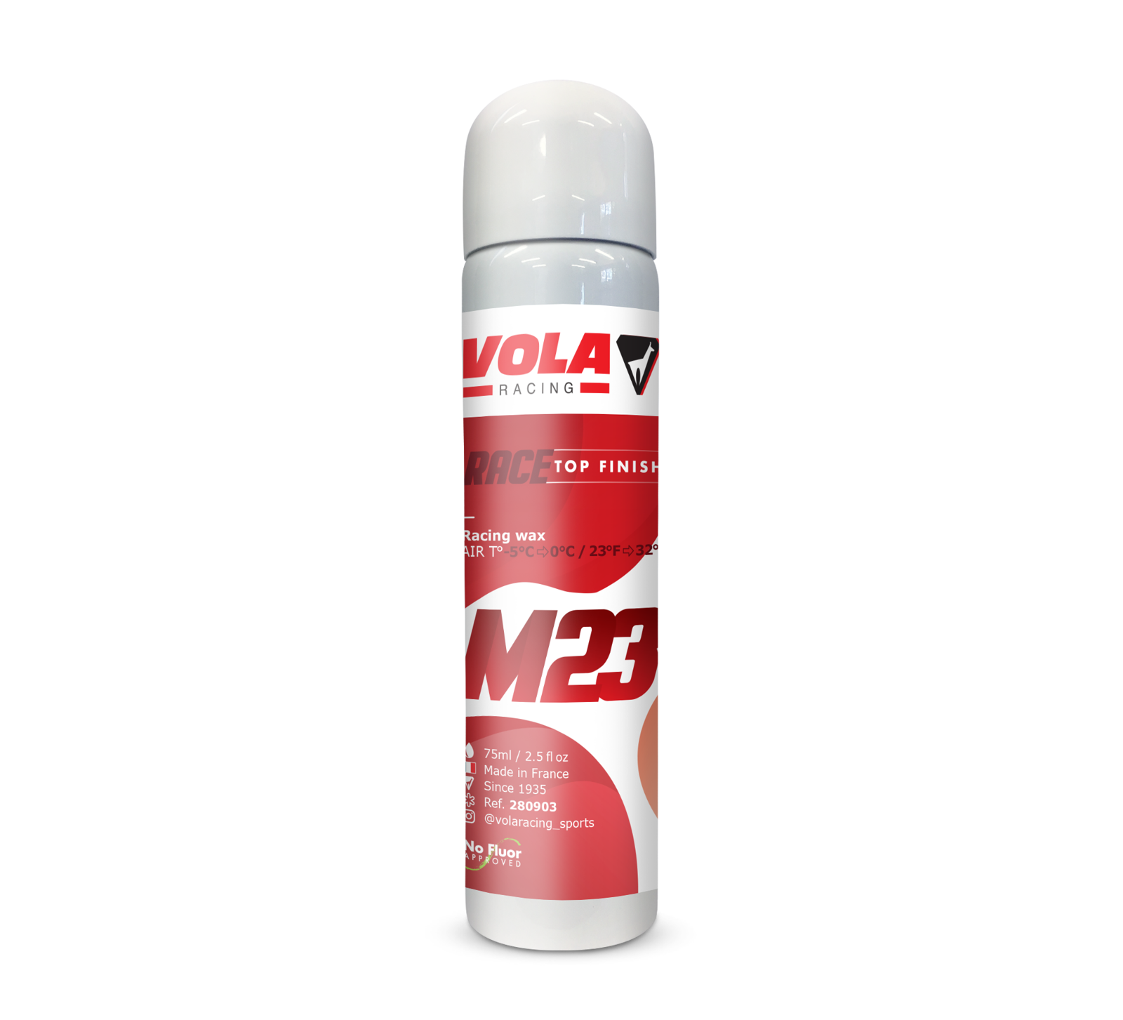 Bombe aérosol Vola M23-Race Top Finish, rouge-blanc, avec informations sur le produit.